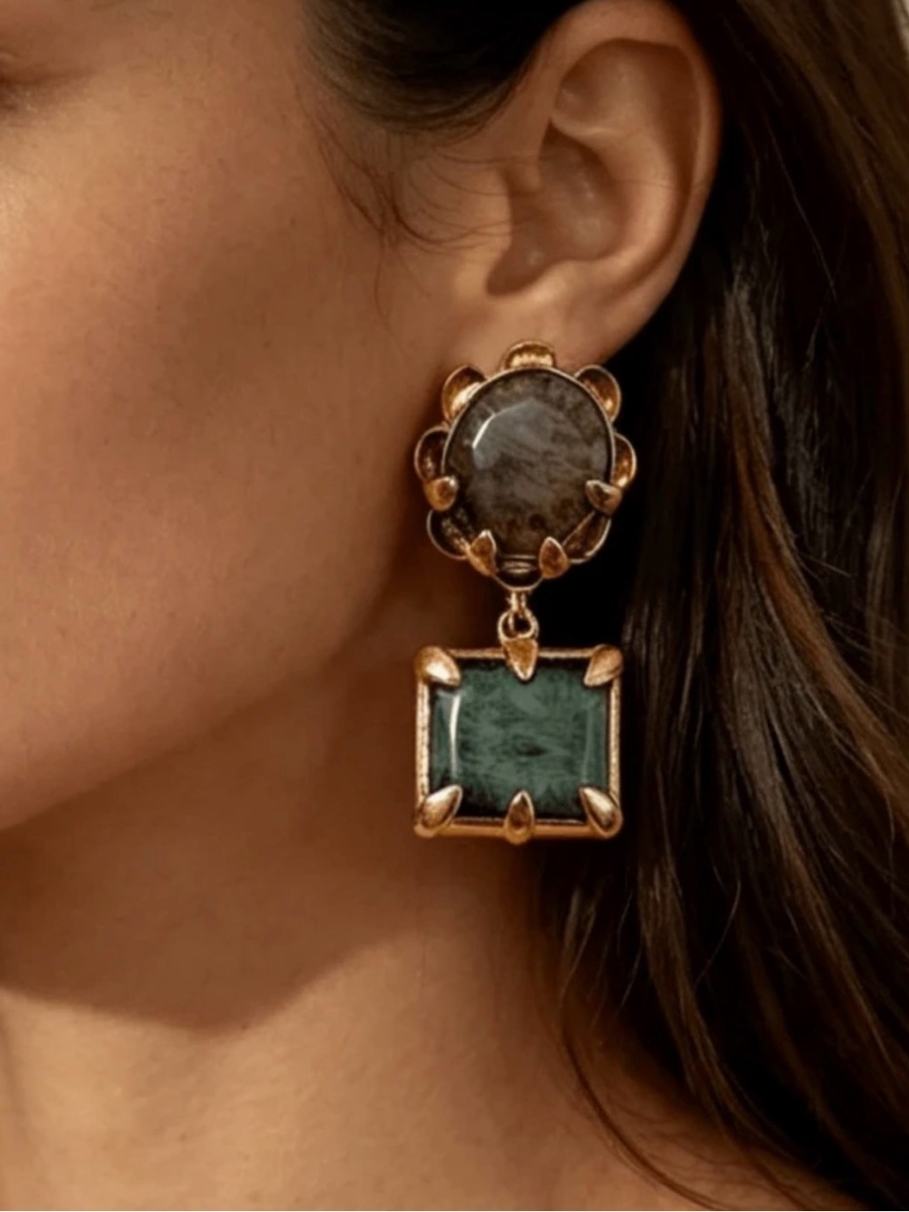Gold and Emerald Green Drop Earrings - Picture 3 of 7